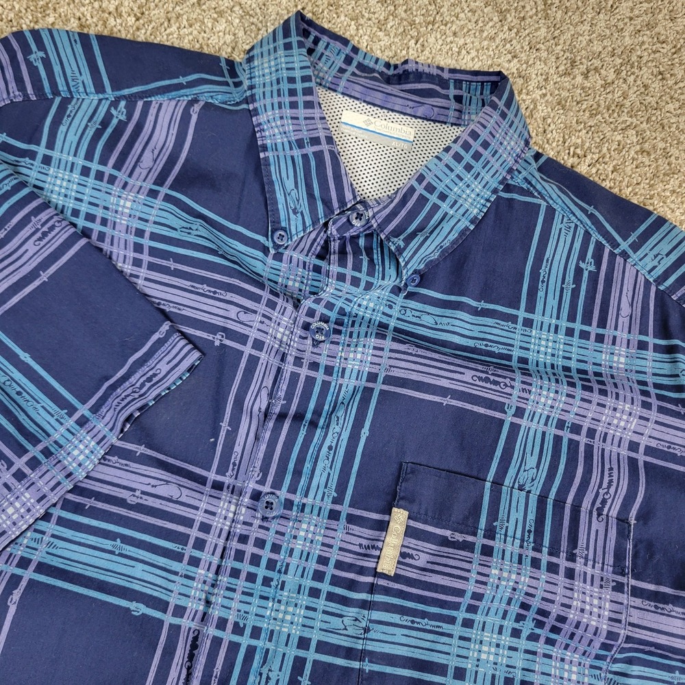 Columbia PFG Mens XL Blue Plaid Vented Button Down Short Sleeve Fishing